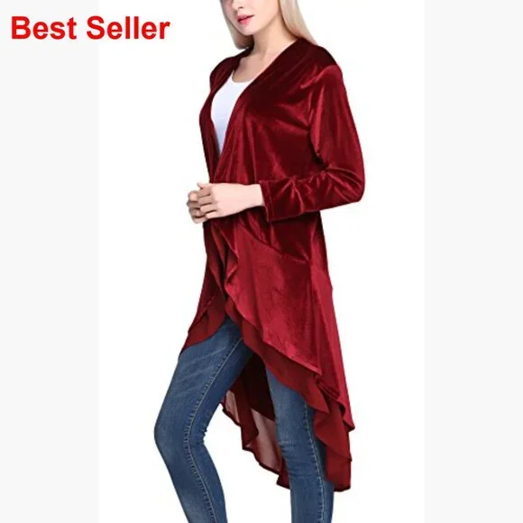 Long Sleeve Velvet Cardigan Coat with Asymmetric Chiffon Hem - Picture 3 of 6